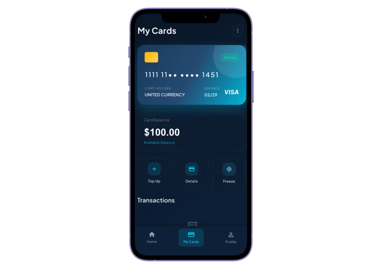 UCE Borderless Card in the My Cards screen